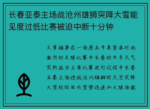长春亚泰主场战沧州雄狮突降大雪能见度过低比赛被迫中断十分钟